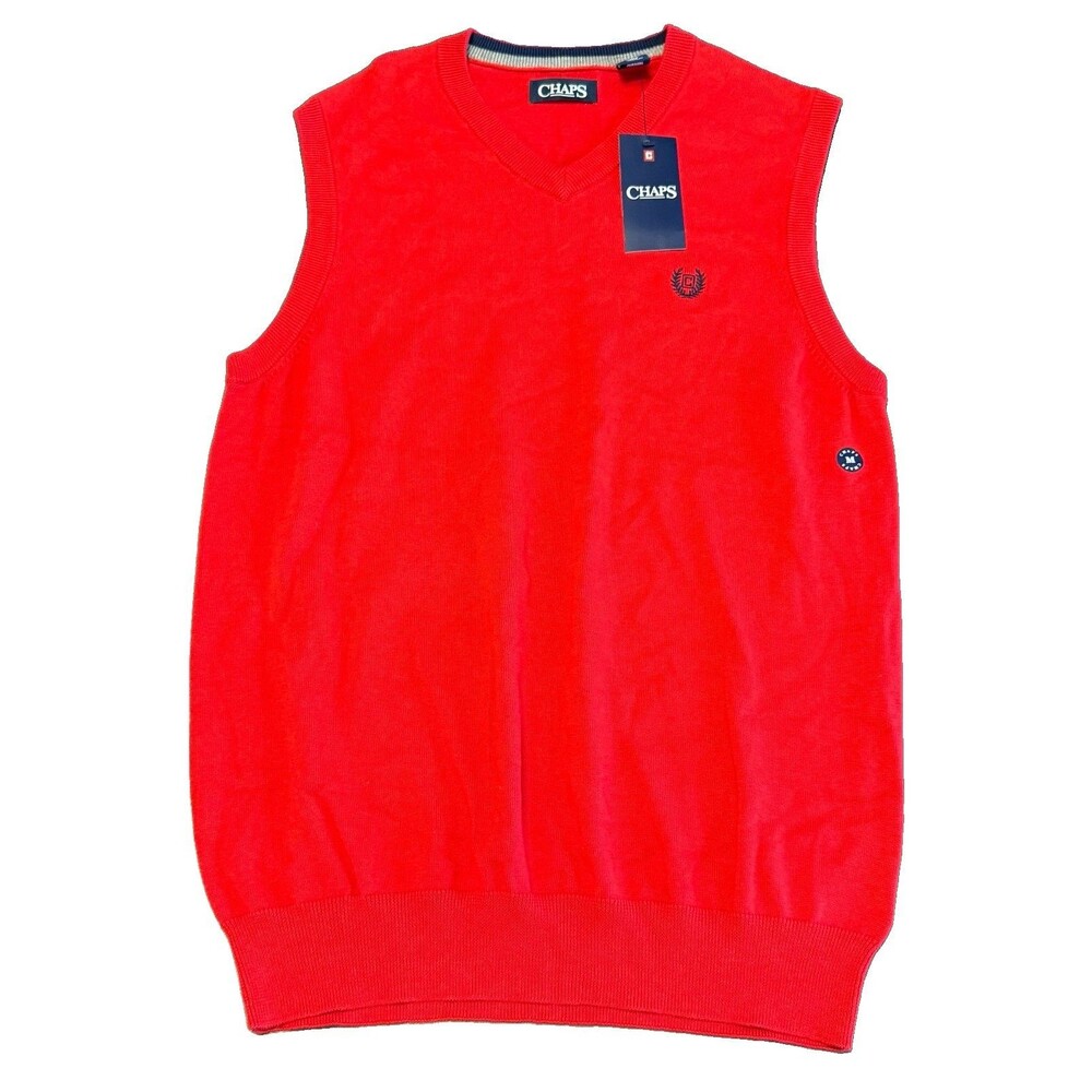 Chaps Men's Medium Red V-Neck Sweater Vest 100% Cotton - New With Tags $45 MSRP